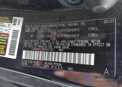 2021 Toyota Sienna Le z USA, uszkodzony, nr VIN 5TDKRKEC3MS047135